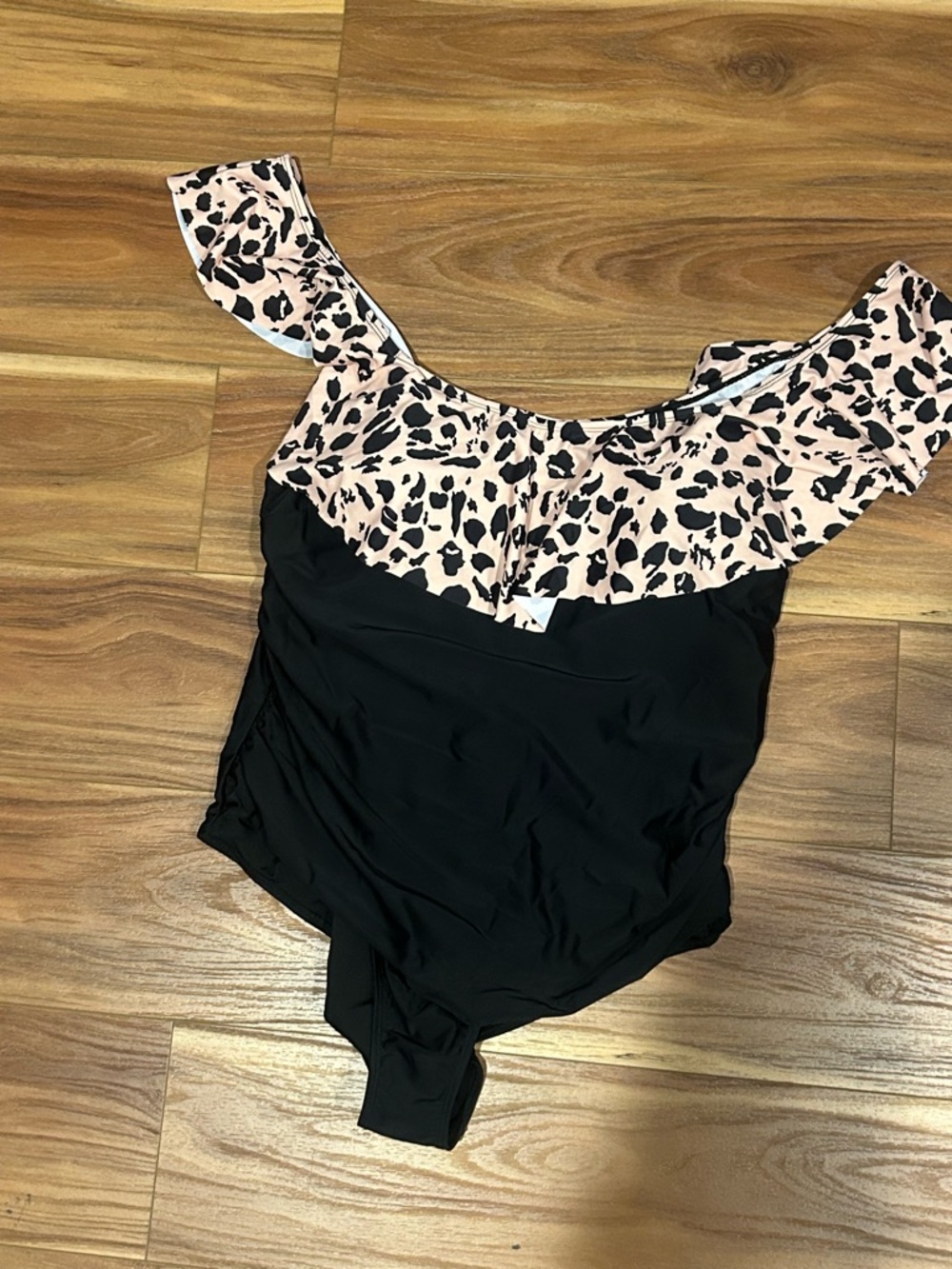 Meet.curve Black One-Piece Swimsuit with Pink Leopard Ruffle 4XL